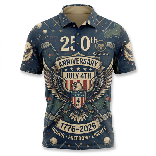 Flat lay photo of the custom navy blue USA 250th anniversary 4th of July eagle activewear polo shirt with cream collar.