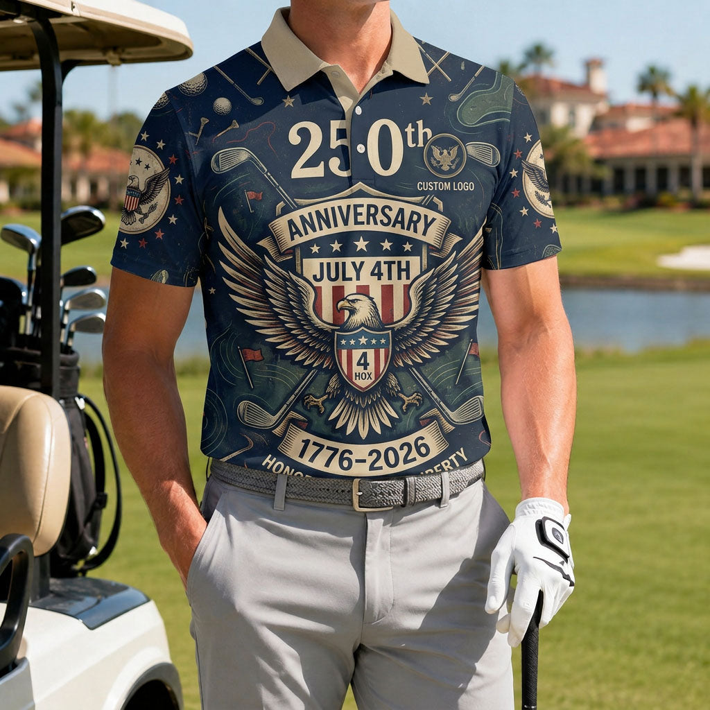 A male golfer wearing the personalized navy USA 250th anniversary July 4th eagle polo shirt next to a golf cart.