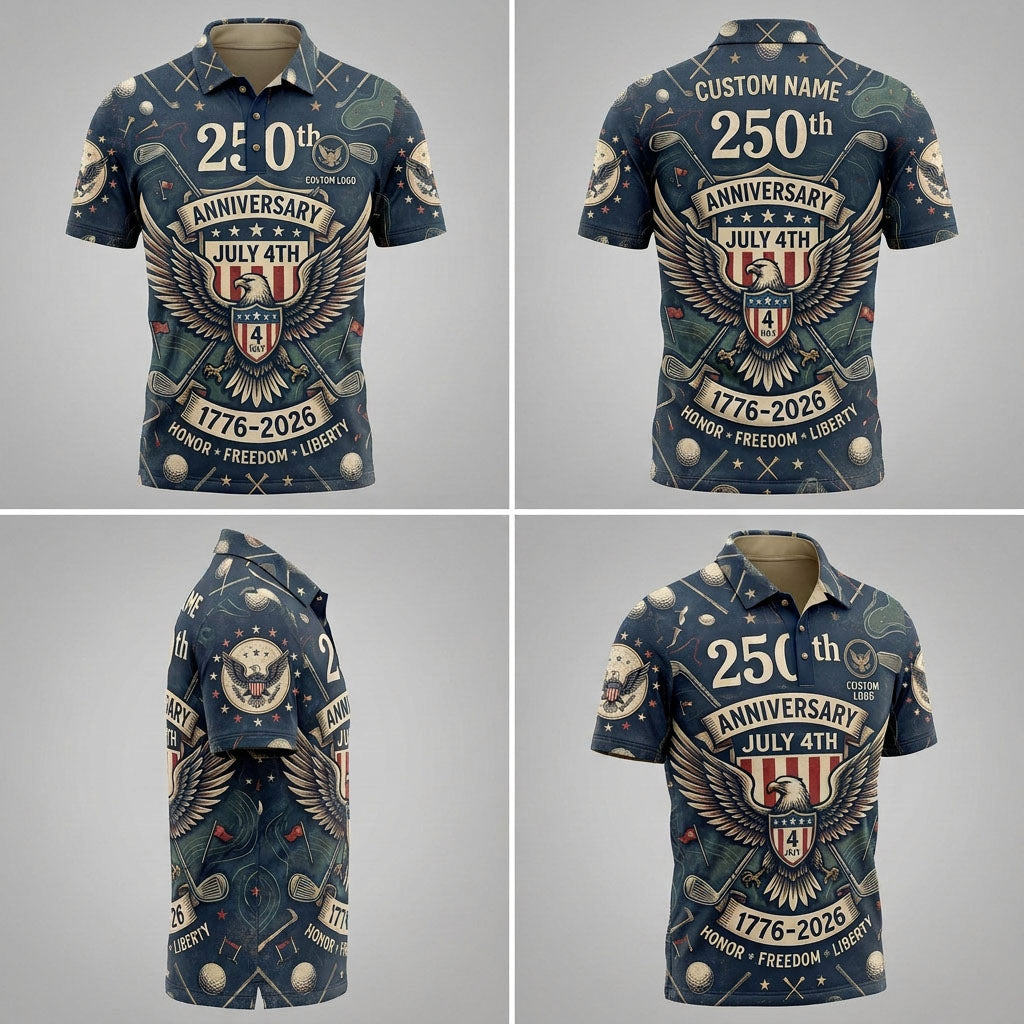 Product showcase grid with 4 angles showing the patriotic eagle artwork and tailored fit of the custom golf polo.