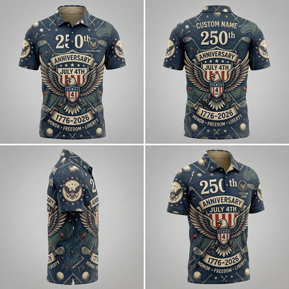 Product showcase grid with 4 angles showing the patriotic eagle artwork and tailored fit of the custom golf polo.