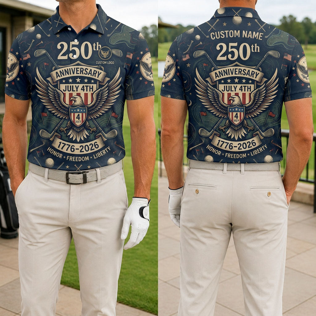 Front and back view of a man wearing the navy blue USA 250th anniversary July 4th eagle golf polo with custom name.