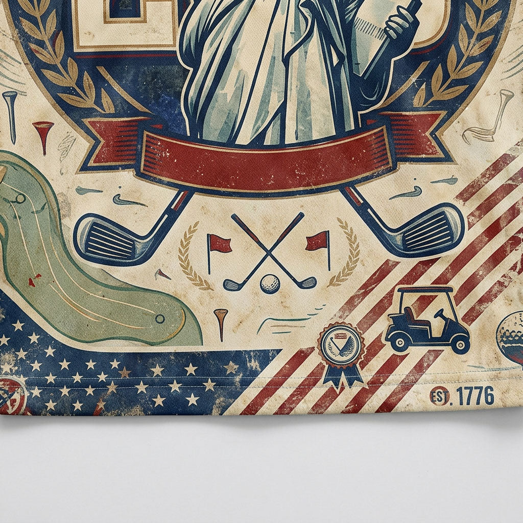 Close up detail of the custom golf polo showing star-spangled graphics, golf cart silhouettes, and liberty torch printing.