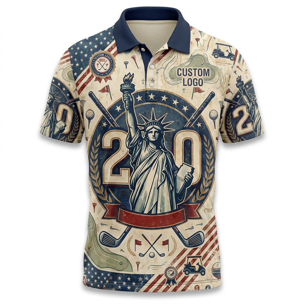 Flat lay presentation of the premium vintage cream USA 250 years anniversary Lady Liberty activewear polo shirt.