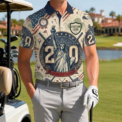 A male golfer wearing the personalized vintage 1776-2026 Lady Liberty torch golf polo shirt next to a golf cart.