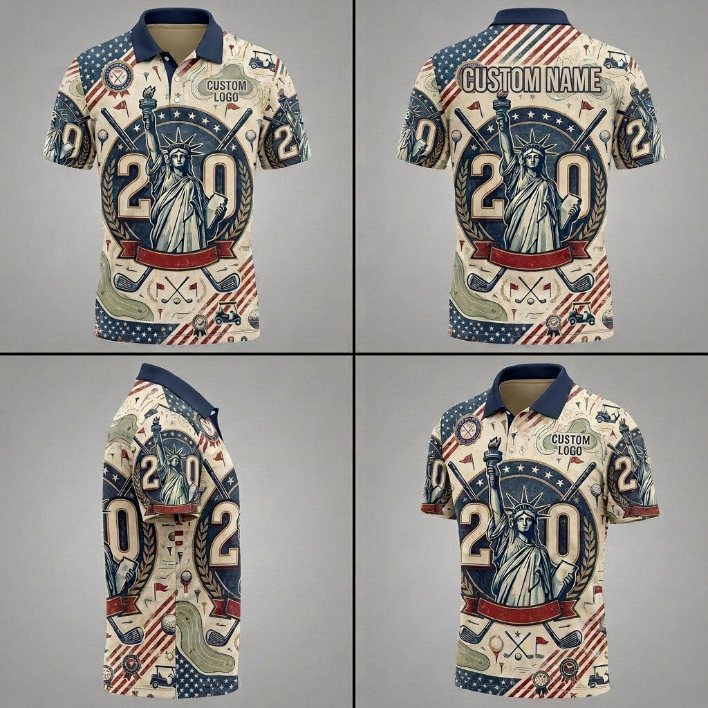 Product presentation grid with 4 views displaying the Lady Liberty artwork and fit of the custom patriotic golf polo.
