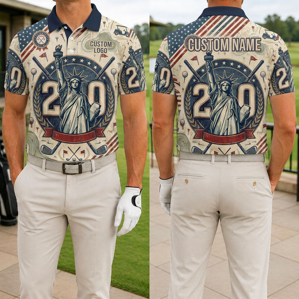 Front and back view of a man wearing the vintage cream USA 250th anniversary Lady Liberty golf polo with custom name.