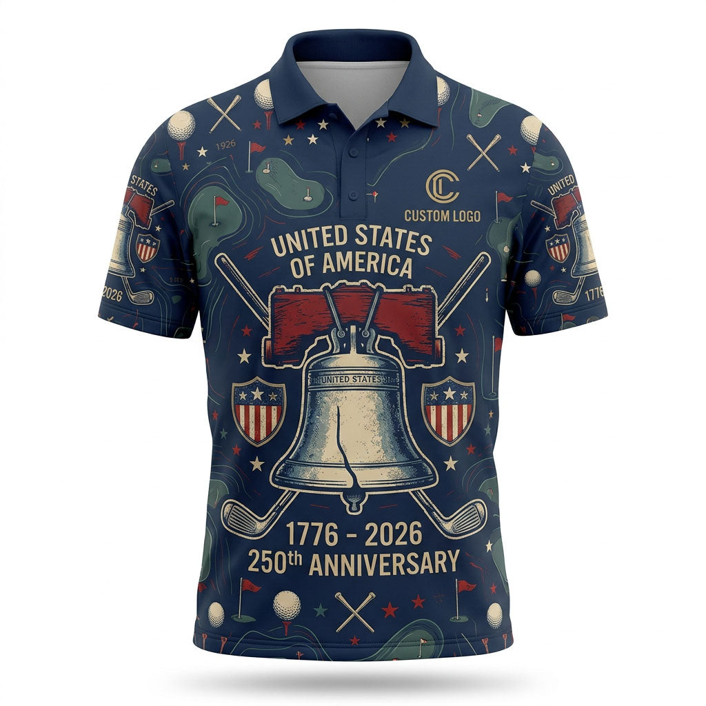 Flat lay photo of the custom premium navy blue USA 250 years anniversary Liberty Bell activewear polo shirt.