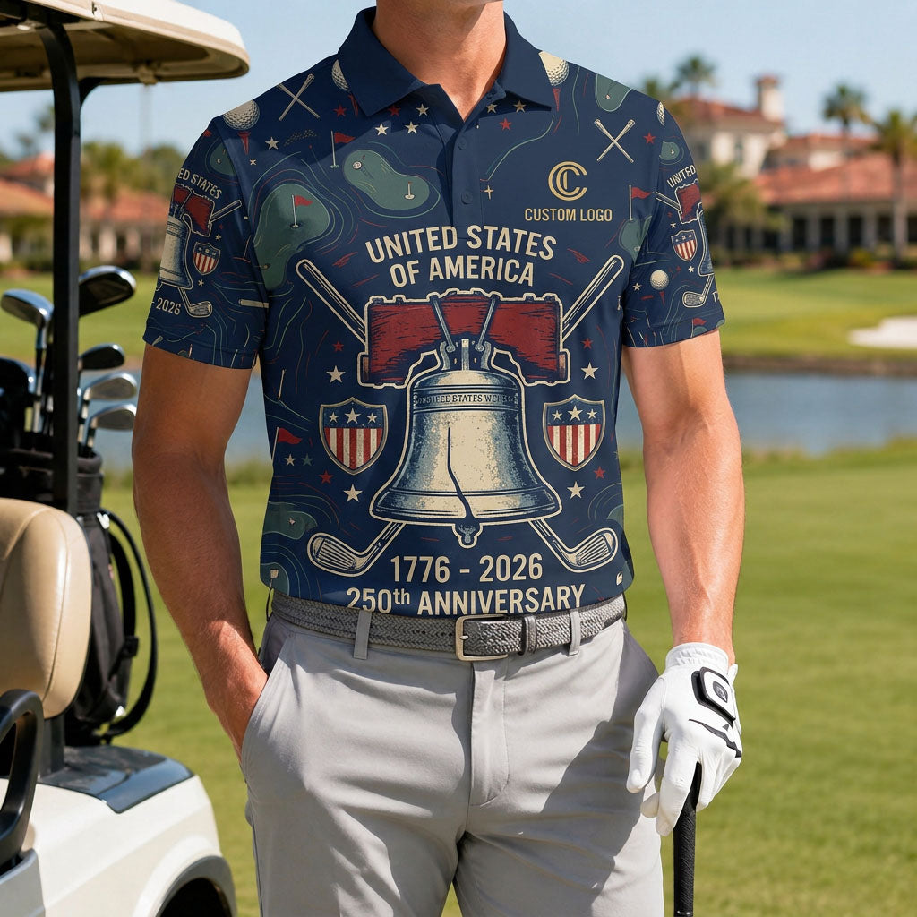 A male athlete wearing the personalized vintage 1776-2026 Liberty Bell golf polo shirt standing near a golf cart.