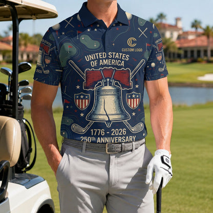 A male athlete wearing the personalized vintage 1776-2026 Liberty Bell golf polo shirt standing near a golf cart.