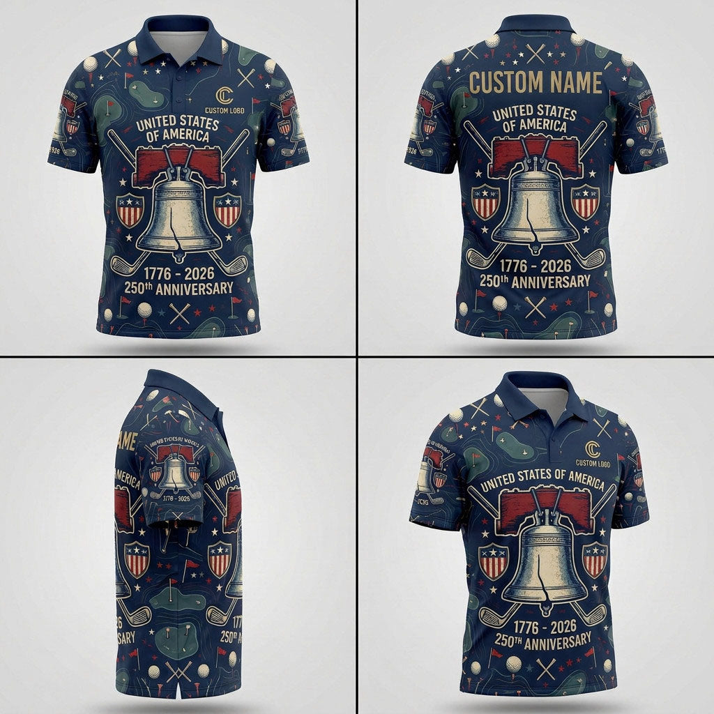 Four-angle product showcase grid displaying the iconic Liberty Bell design and tailored athletic fit of the custom polo.