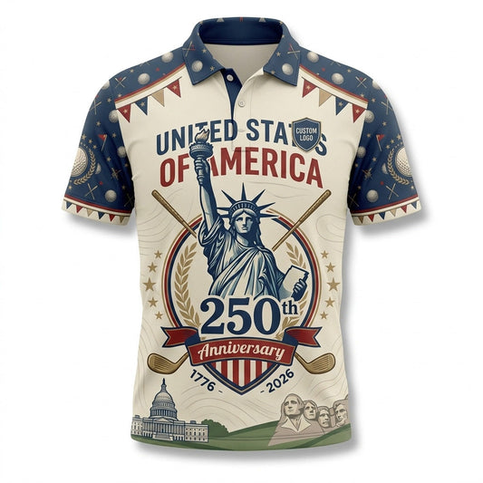 Flat lay photo of the custom premium cream USA 250 anniversary liberty bunting activewear polo shirt.