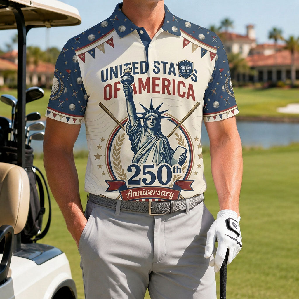 A male athlete wearing the personalized cream 1776-2026 United States of America liberty polo shirt next to a golf cart.