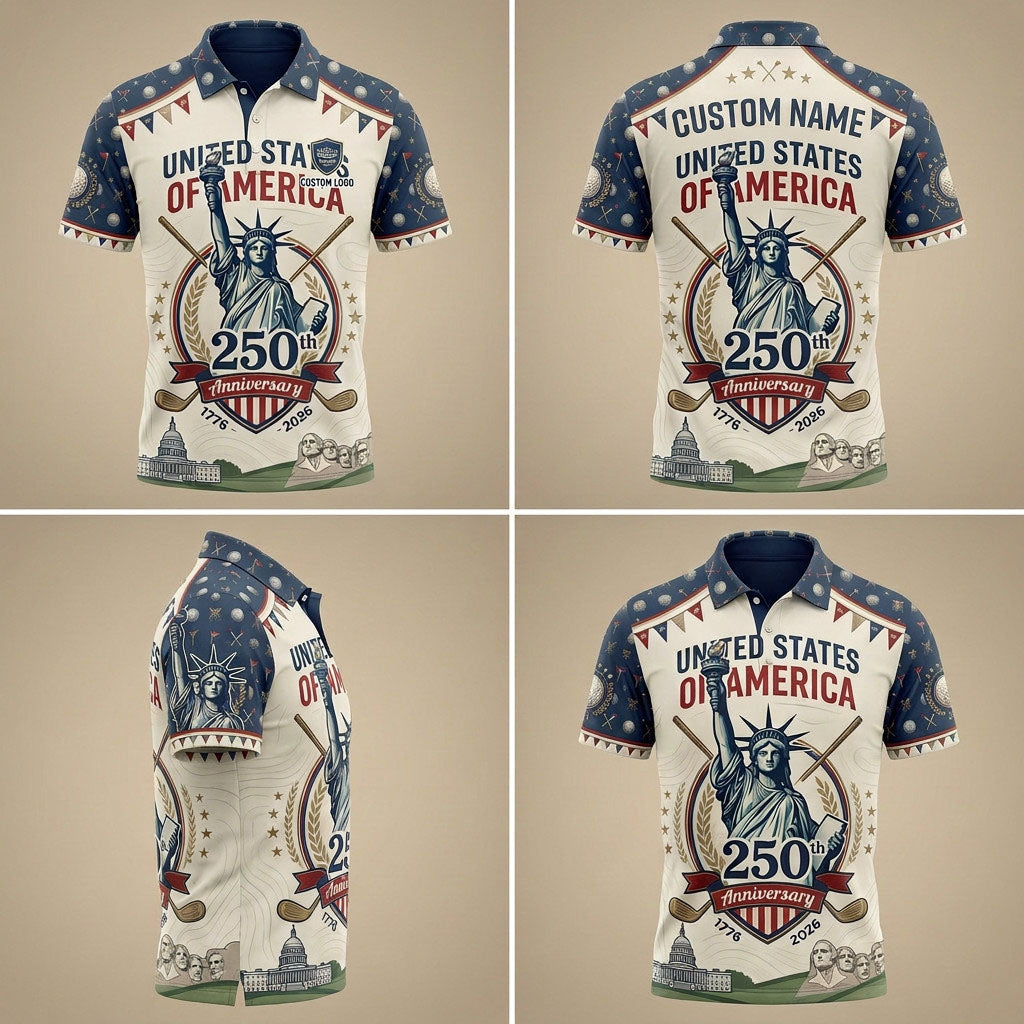 Four-angle product showcase grid displaying the festive patriotic design and tailored fit of the custom golf polo.