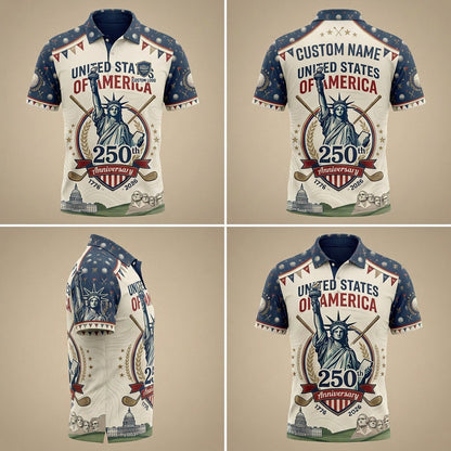 Four-angle product showcase grid displaying the festive patriotic design and tailored fit of the custom golf polo.