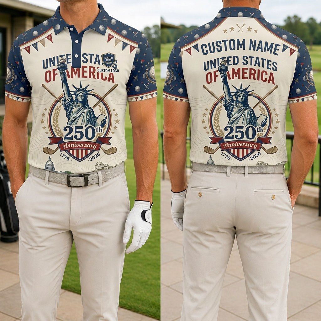 Front and back view of a man wearing the cream and navy USA 250th anniversary liberty bunting golf polo with custom name.