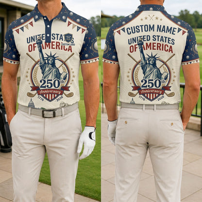 Front and back view of a man wearing the cream and navy USA 250th anniversary liberty bunting golf polo with custom name.