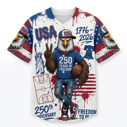 Isolated Front View Of The 250th Anniversary Freedom Baseball Jersey With Eagle And Statue Of Liberty
