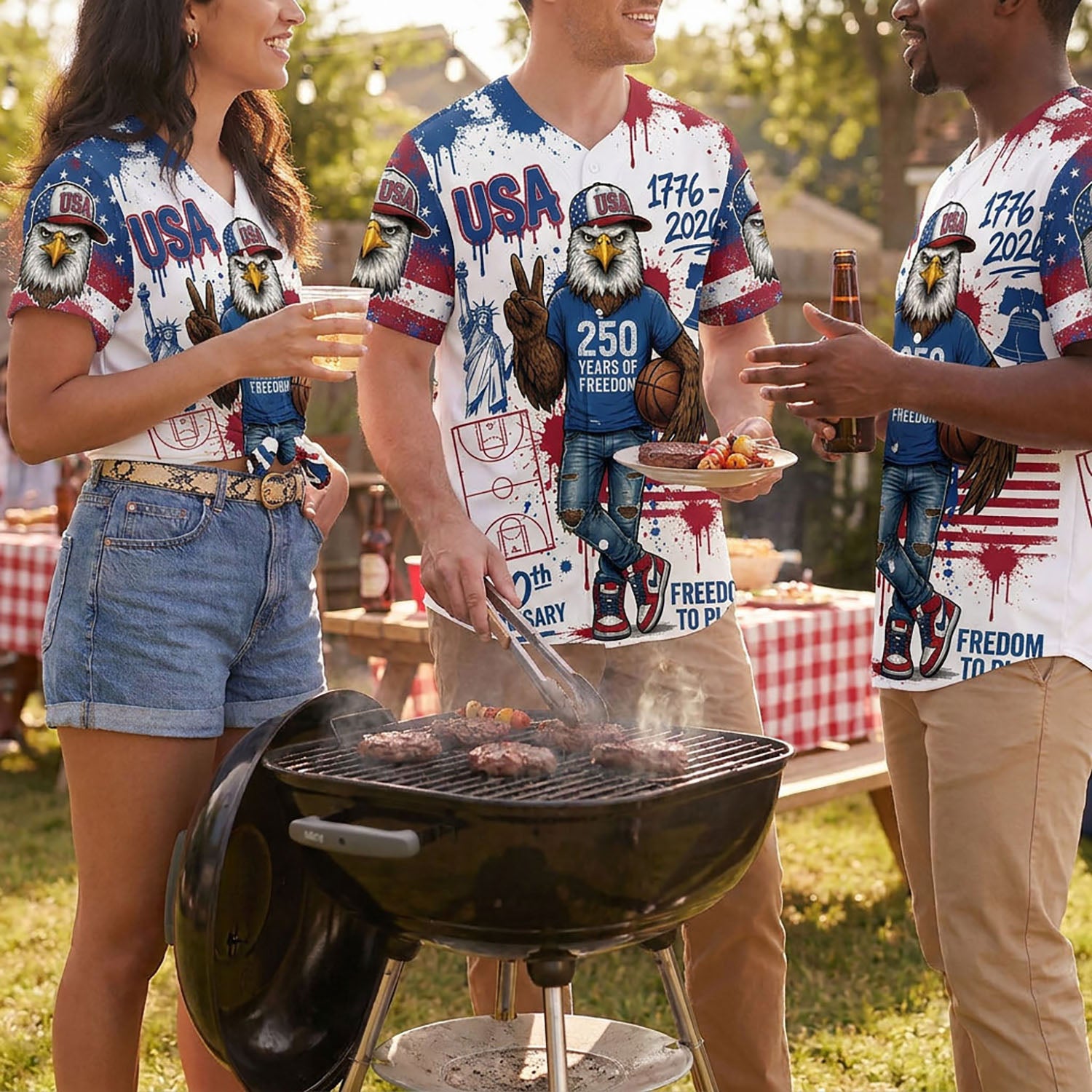 Group Wearing USA 250th Anniversary Liberty Eagle Baseball Jerseys At A Backyard Barbecue