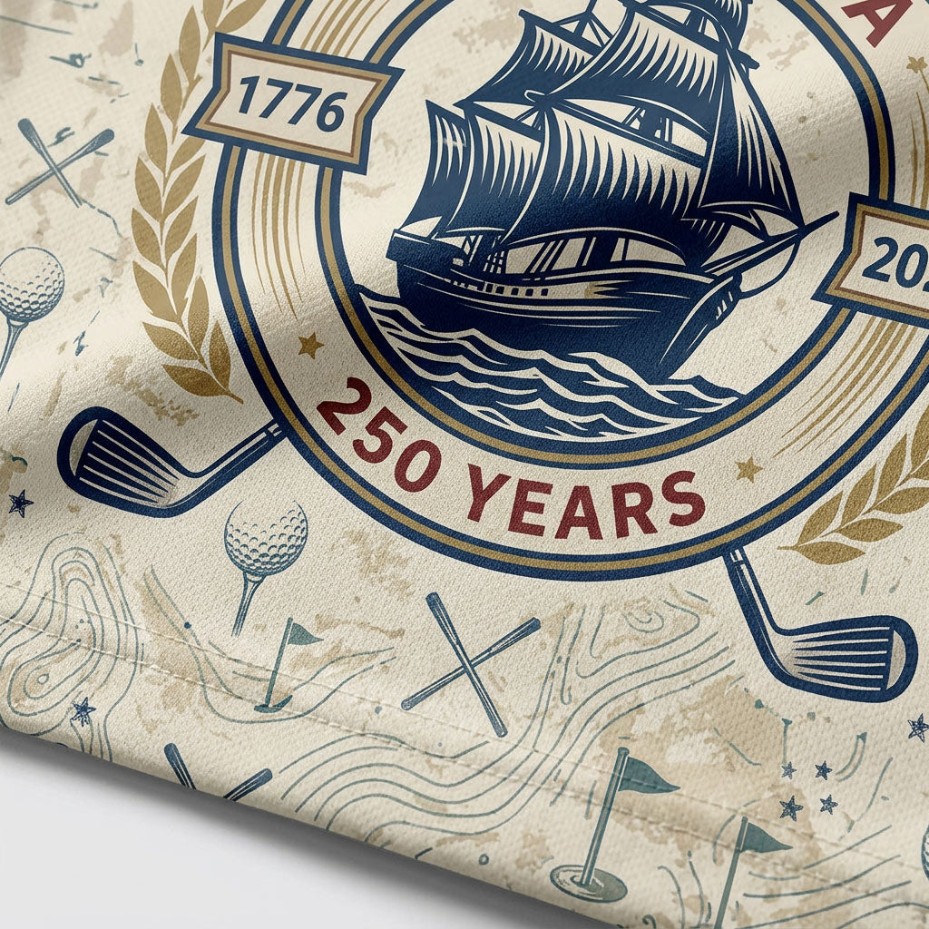 Close up detail of the ivory golf polo highlighting the vintage colonial sailing ship emblem and topographic golf map background.