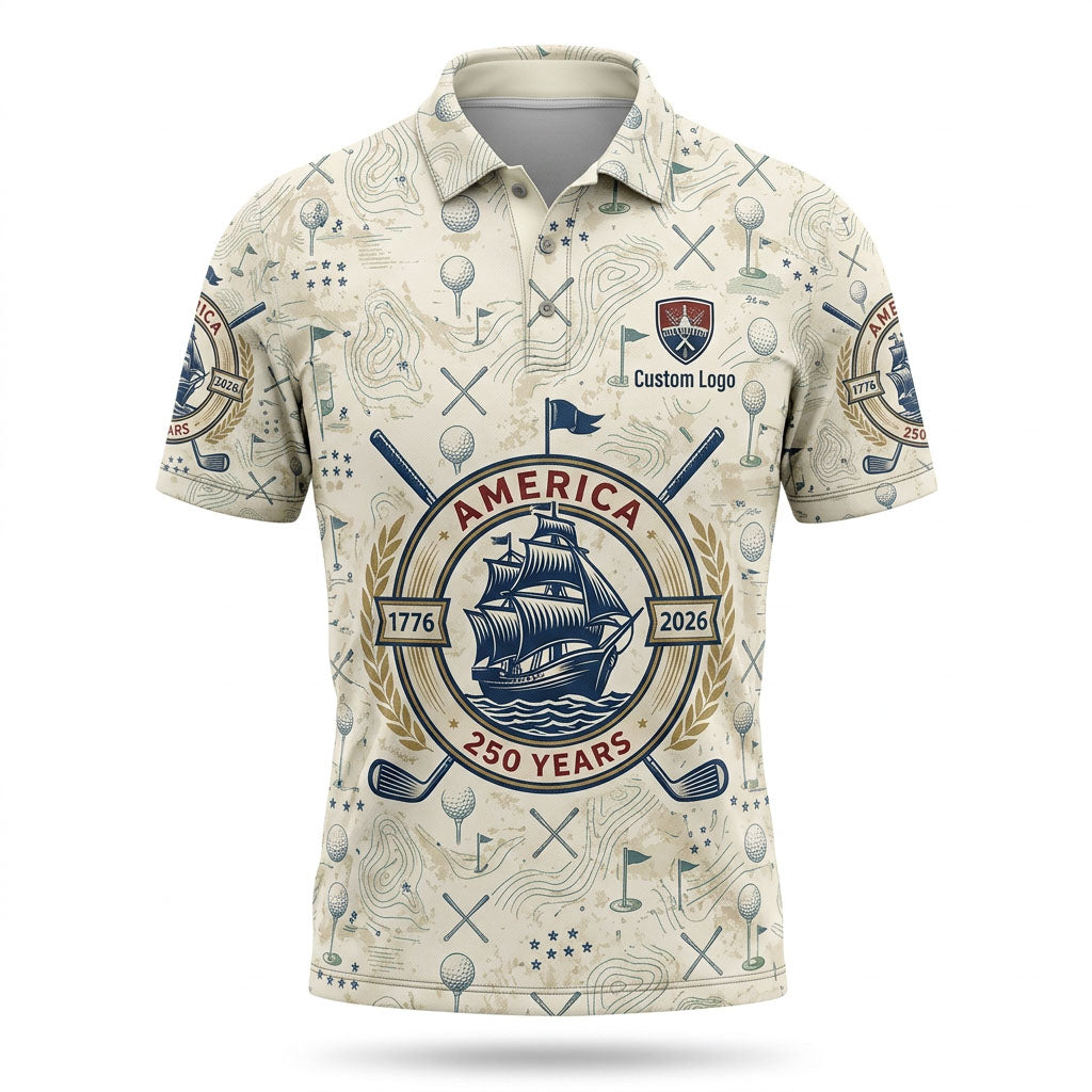 Flat lay presentation of the ivory white custom USA 250th anniversary historic tall ship golf polo shirt.