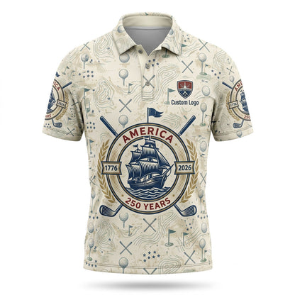 Flat lay presentation of the ivory white custom USA 250th anniversary historic tall ship golf polo shirt.