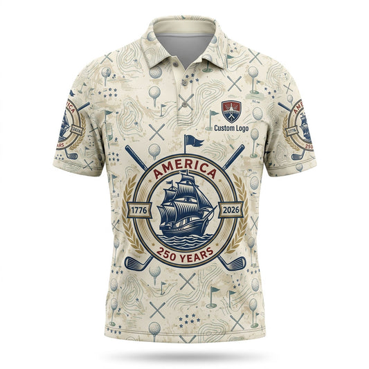 Flat lay presentation of the ivory white custom USA 250th anniversary historic tall ship golf polo shirt.