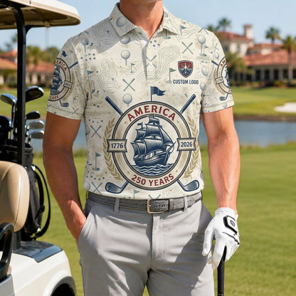 A male golfer wearing the personalized ivory white 1776-2026 nautical tall ship polo shirt next to a golf cart.
