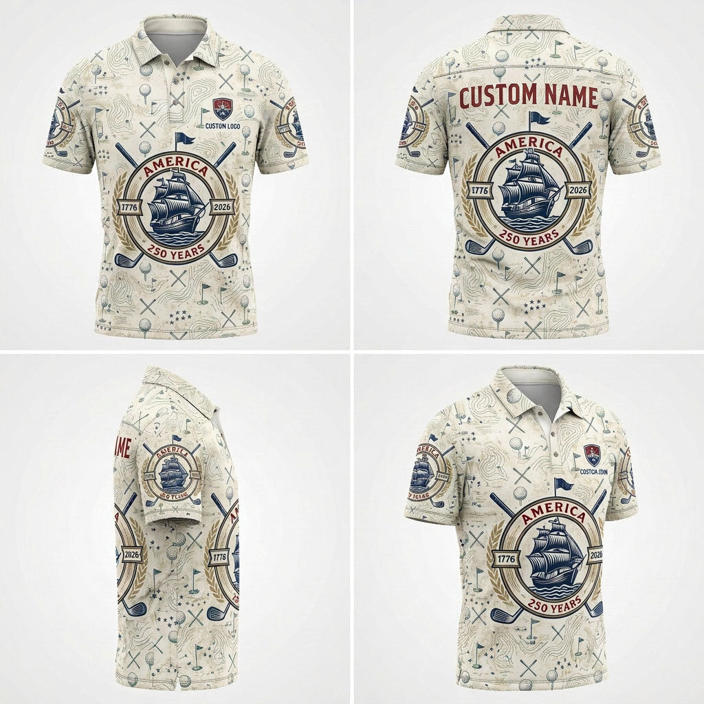 Four-angle product grid showcasing the nautical design and printing details of the custom ivory sailing ship golf polo.