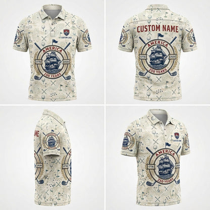 Four-angle product grid showcasing the nautical design and printing details of the custom ivory sailing ship golf polo.