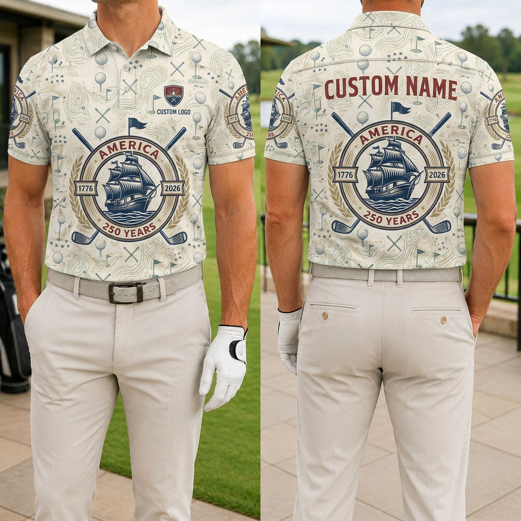 Front and back view of a man wearing the ivory USA 250th anniversary sailing ship golf polo with custom name.