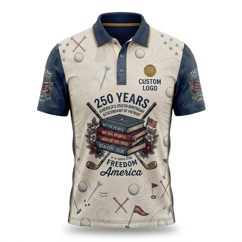 Flat lay presentation of the custom premium vintage cream USA 250 years anniversary history books activewear polo shirt.