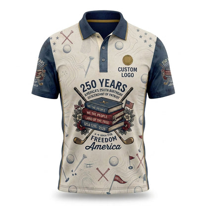 Flat lay presentation of the custom premium vintage cream USA 250 years anniversary history books activewear polo shirt.