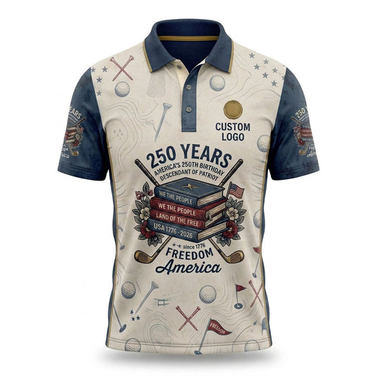 Flat lay presentation of the custom premium vintage cream USA 250 years anniversary history books activewear polo shirt.