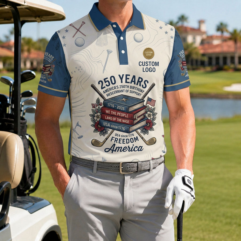 A male athlete wearing the personalized cream freedom America books golf polo shirt standing near a golf cart.