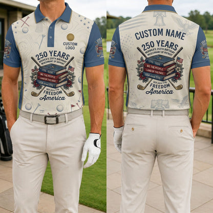 Front and back view of a man wearing the cream and navy USA 250th anniversary patriotic history books golf polo with custom name.