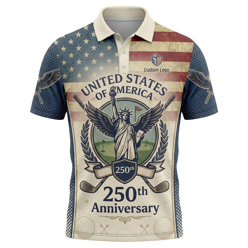 Flatlay view of patriotic 1776-2026 USA anniversary golf polo shirt