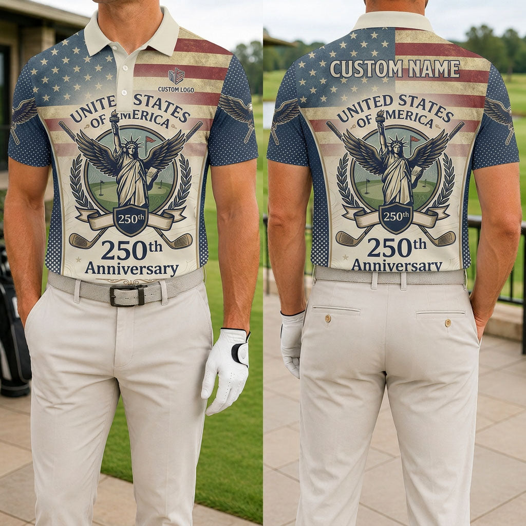 Front and back view of USA 250th anniversary patriotic golf polo