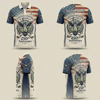 Product grid view showing USA 250th anniversary patriotic golf polo