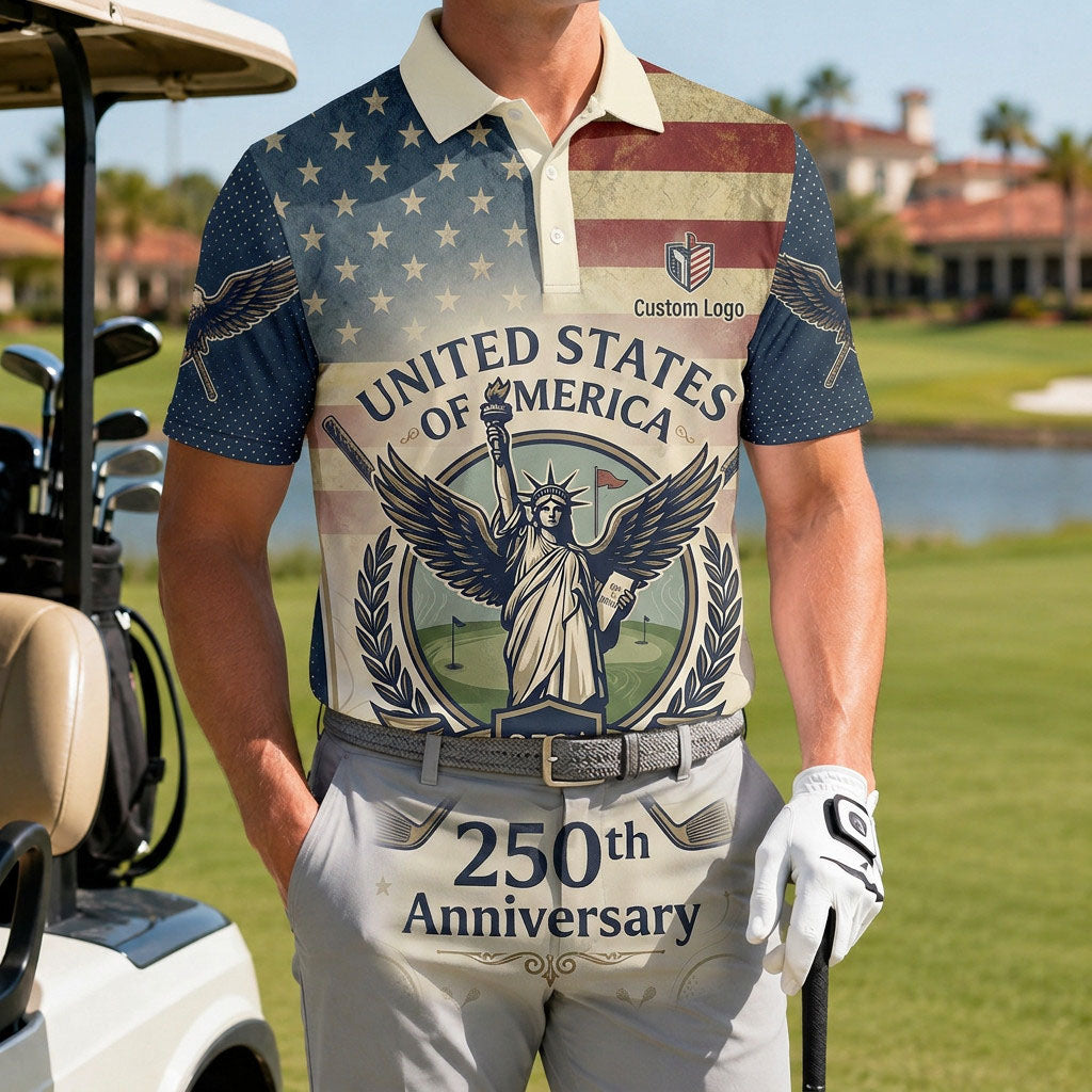Male golfer on course wearing 250th anniversary patriotic golf polo
