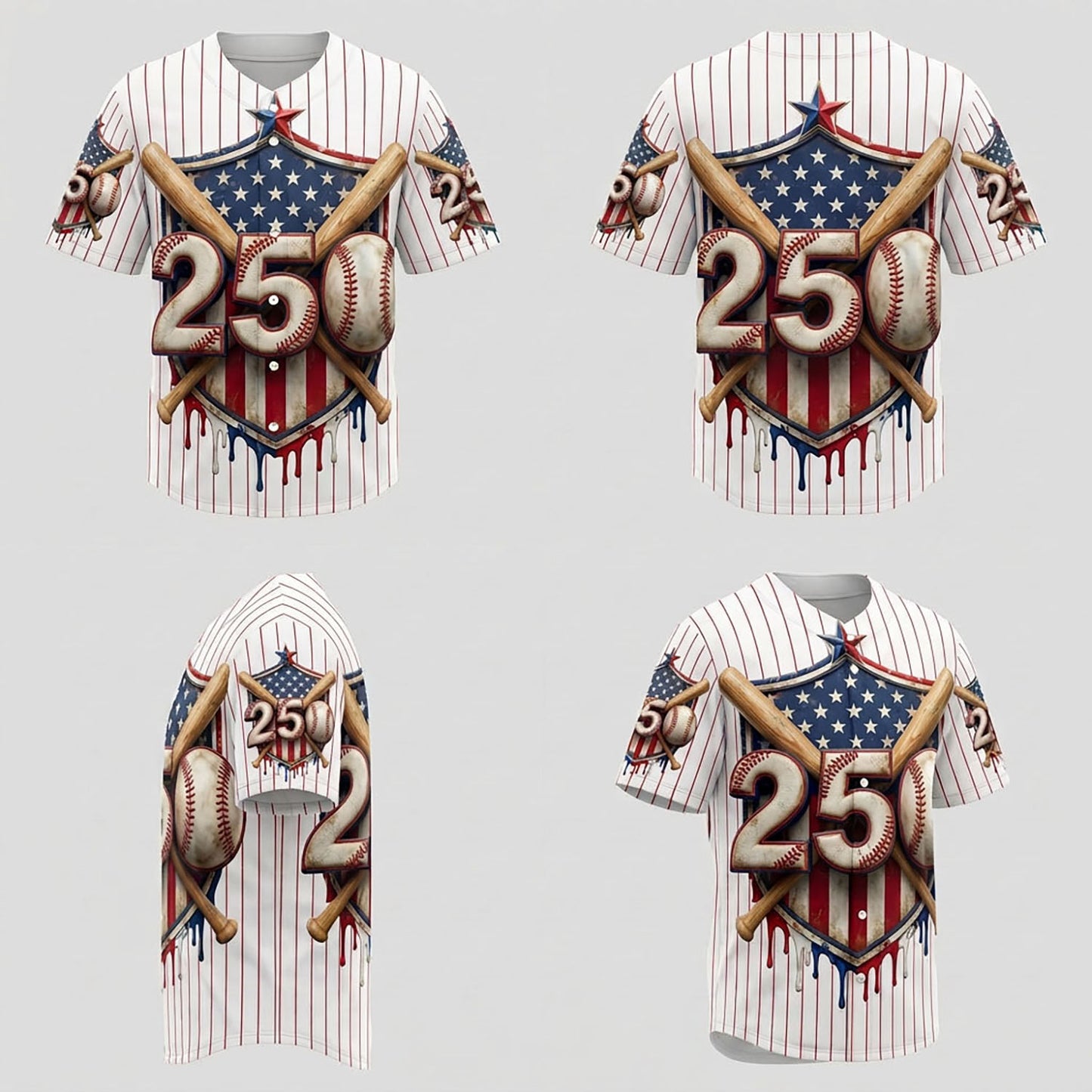 Collage Showing Front, Back, And Side Design Perspectives Of The Custom Pinstripe Baseball Jersey