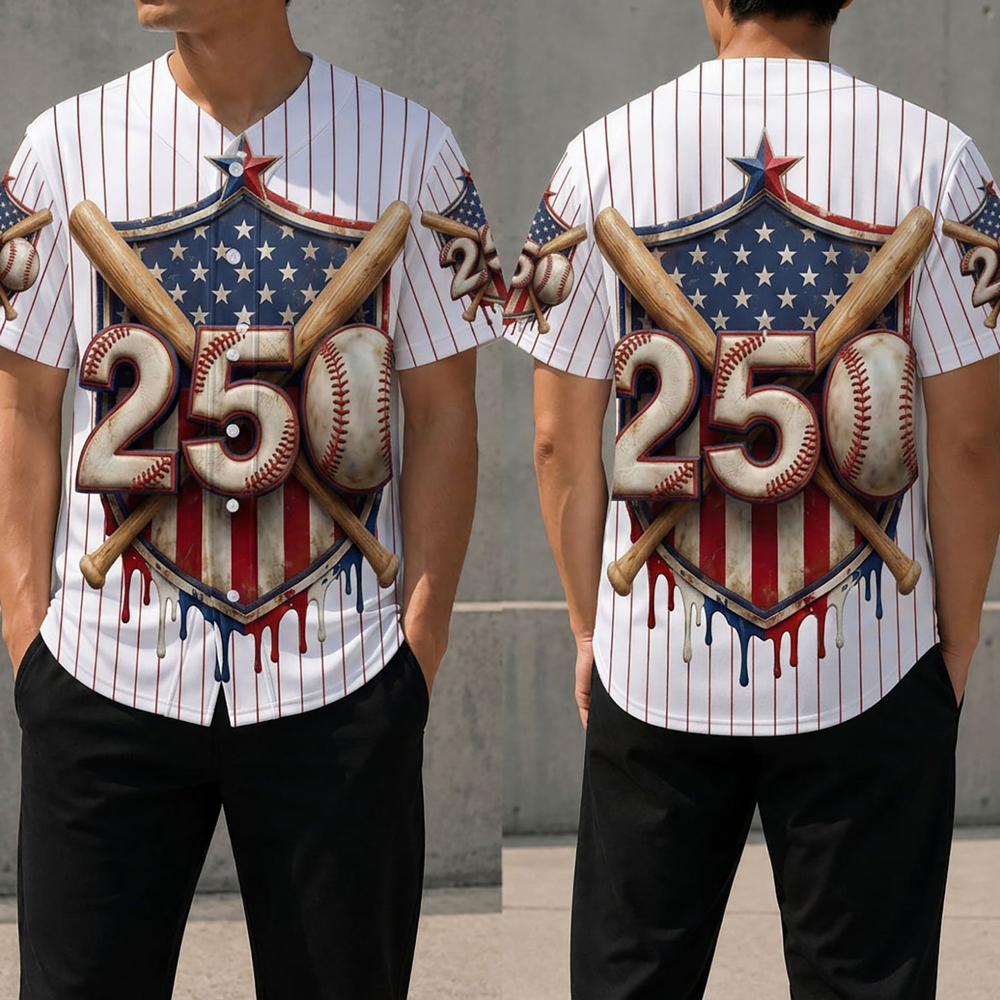 Front And Back View Of The USA 250th Anniversary Pinstripe Baseball Jersey Featuring Crossed Bats