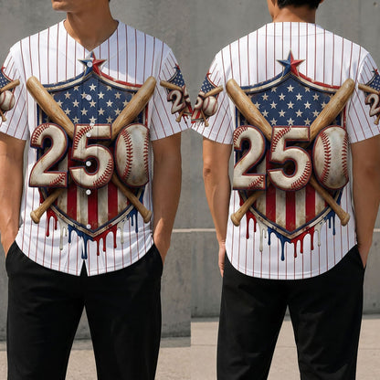 Front And Back View Of The USA 250th Anniversary Pinstripe Baseball Jersey Featuring Crossed Bats