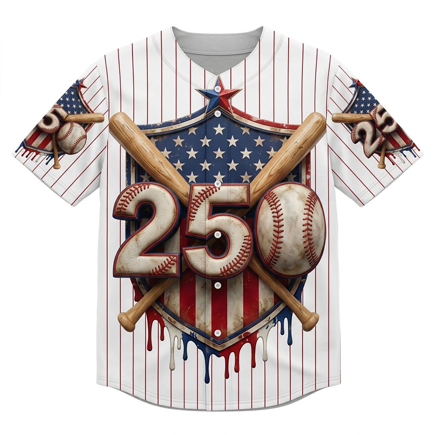 Isolated Front View Of The Patriotic 1776-2026 American 250th Anniversary Pinstripe Baseball Shirt
