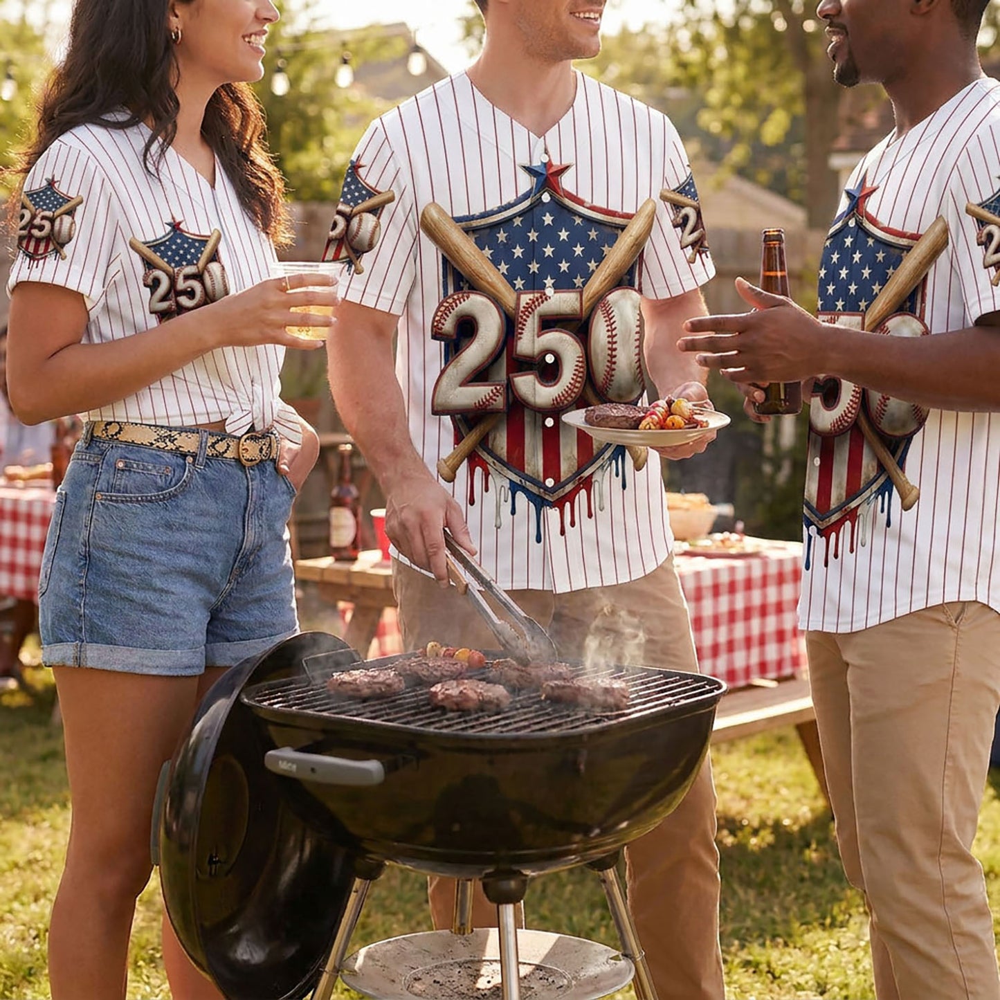 People Wearing USA 250th Anniversary Pinstripe Baseball Jerseys At A Festive Outdoor Summer Barbecue