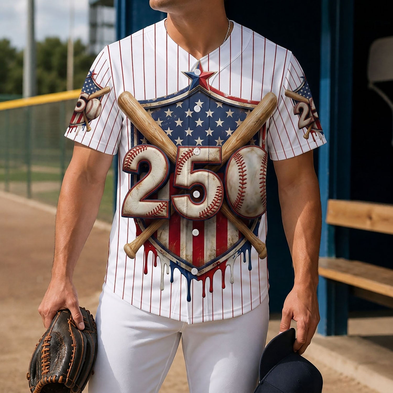 Model Holding A Baseball Glove Wearing The 250th Anniversary Pinstripe America Jersey On A Baseball Field