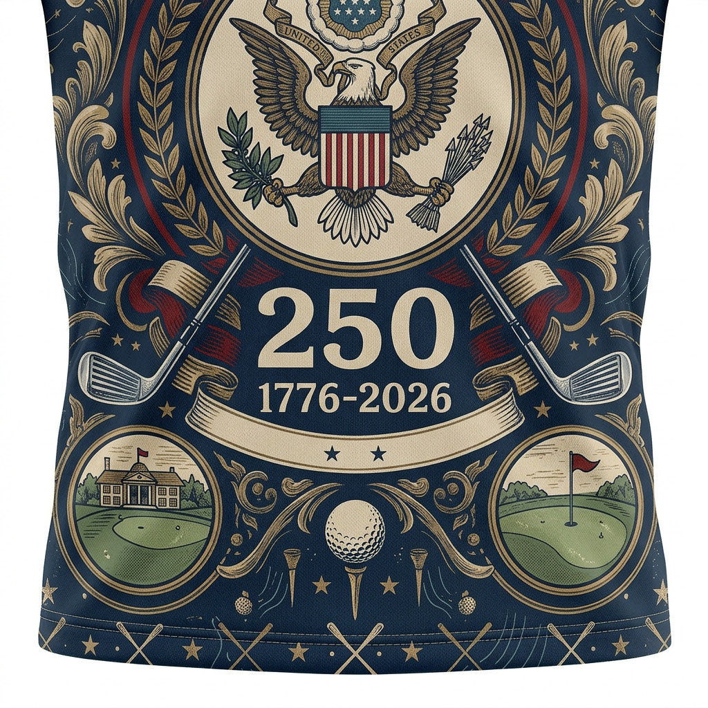 Close up shot of the USA 250th anniversary golf polo shirt showing the American eagle emblem, 1776-2026 ribbon, and golf graphics.