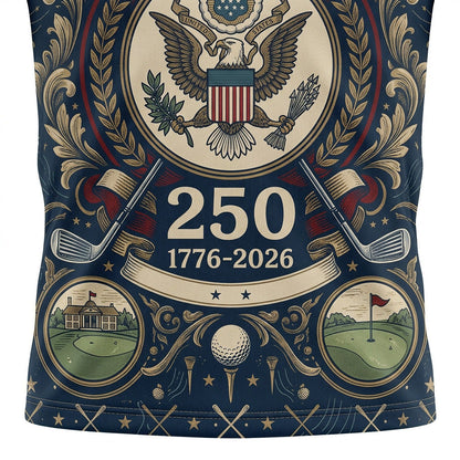 Close up shot of the USA 250th anniversary golf polo shirt showing the American eagle emblem, 1776-2026 ribbon, and golf graphics.