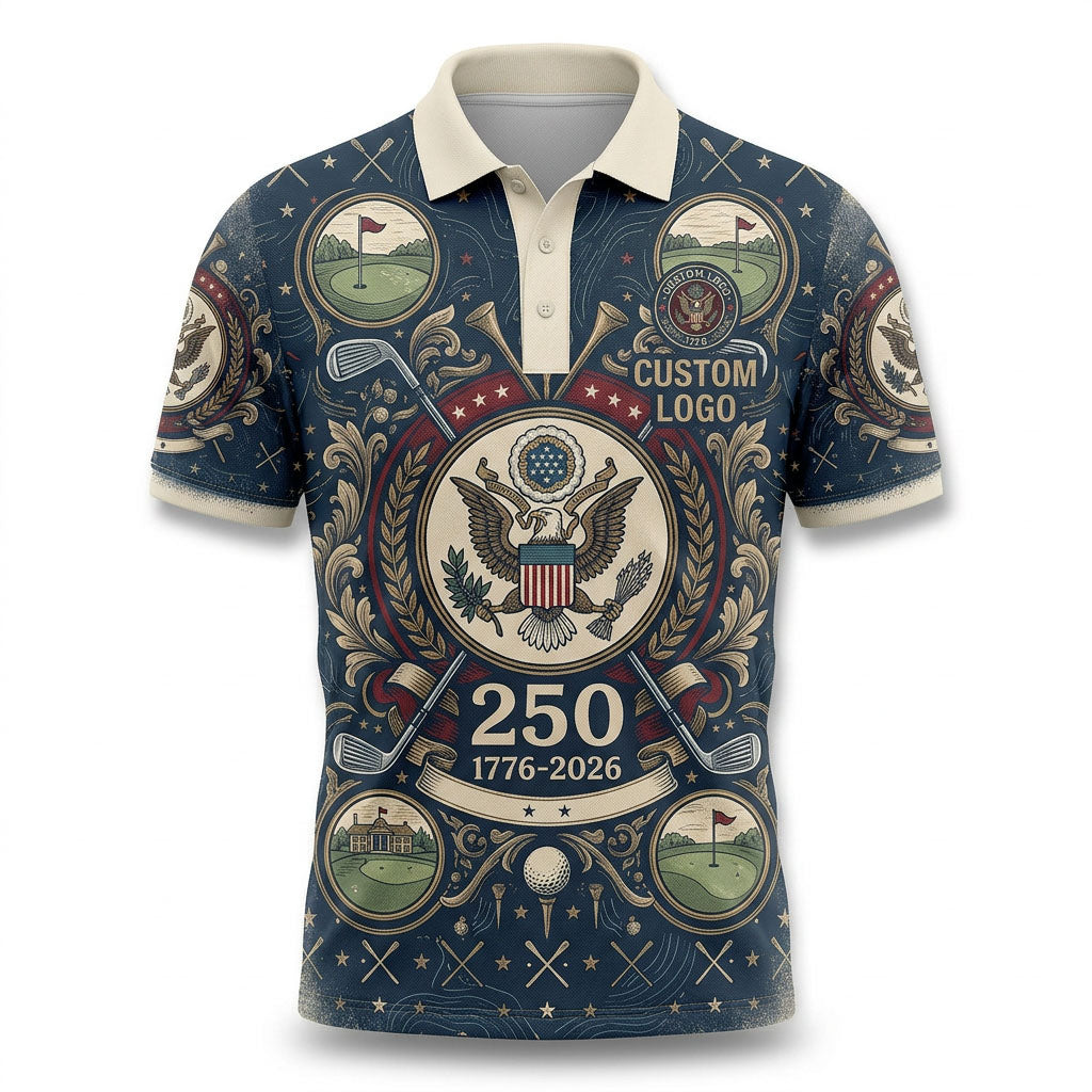 Flat lay presentation of the navy blue custom USA 250th anniversary semiquincentennial golf polo shirt with a cream collar.