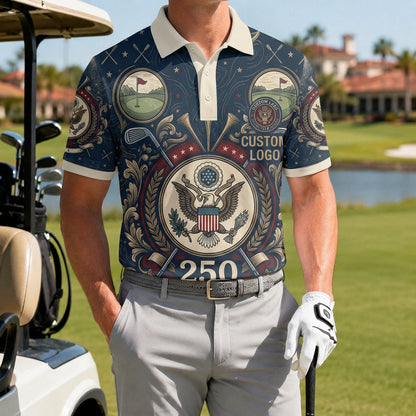 A male golfer wearing the custom USA 250th anniversary semiquincentennial polo shirt next to a golf cart on a sunny day.