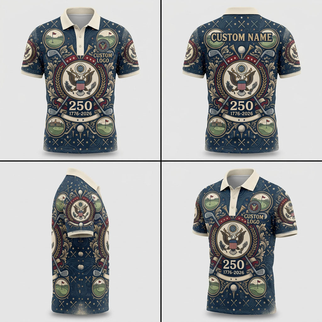 Four-angle product grid displaying the front, back, side, and perspective views of the patriotic American 250th anniversary golf polo.